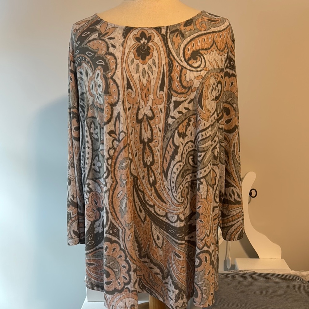Ruby Rd. Brown and Gray Paisley Long Sleeve Blouse